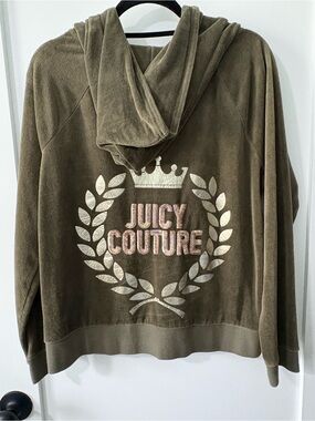 Juicy Couture Olive Velour Zip-Up Hoodie with Gold Logo Pull